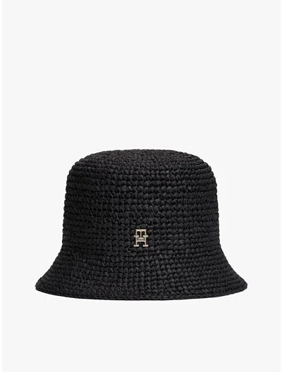 Tommy Hilfiger Crocheted Raffia Bucket Hat In Black