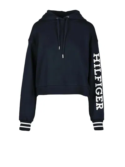 Tommy Hilfiger Cropped Hooded Sweatshirt With Ribbed Cuffs And Lettering In Black