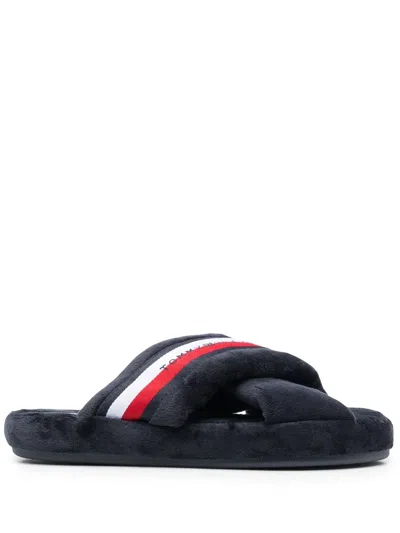 Tommy Hilfiger Crossover Straps Faux-fur Slippers In Blue