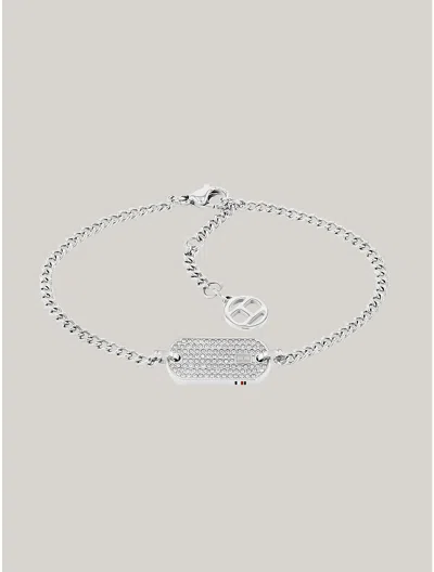 Tommy Hilfiger Crystal Stainless Steel Dog Tag Bracelet In Silver