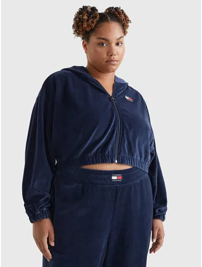 Tommy Hilfiger Curve Velour Badge Cropped Zip Hoodie In Twilight Navy