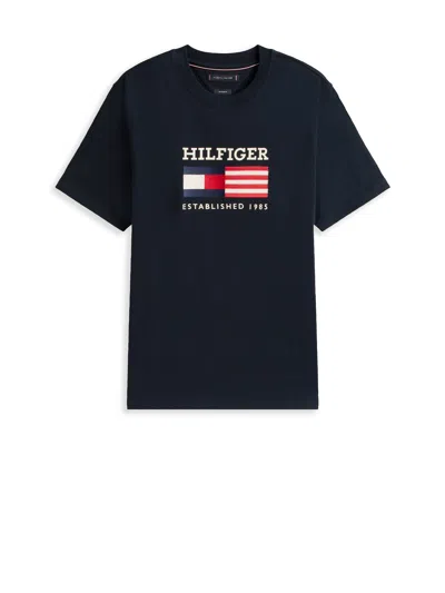 TOMMY HILFIGER TOMMY HILFIGER DARK BLUE T-SHIRT WITH BIG FLAG PRINT.