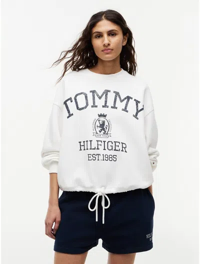 Tommy Hilfiger Drawcord Varsity Crest Logo Sweatshirt In White