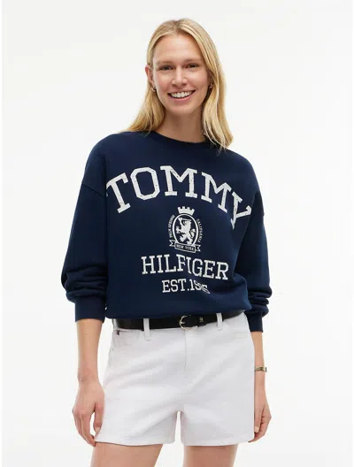 Tommy Hilfiger Crest Logo Drawstring Hem Relaxed Sweatshirt In Blue