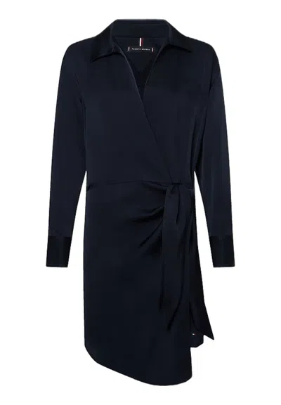 Tommy Hilfiger Dresses Crepe Knotted Short Shirt Dress In Blu