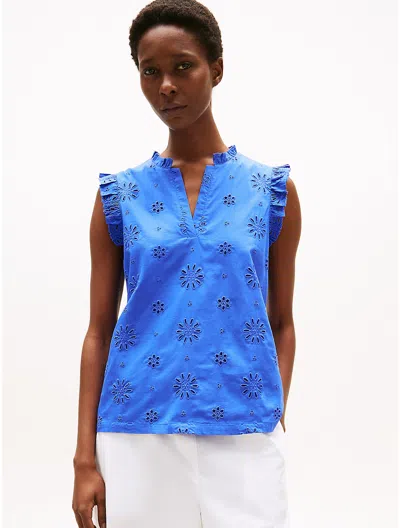 Tommy Hilfiger Embroidered Eyelet Sleeveless Top In Blue
