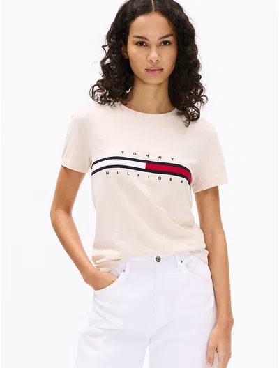 Tommy Hilfiger Embroidered Flag Stripe Logo T In Beige Heather