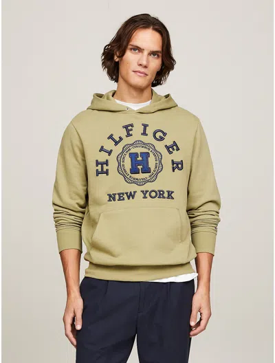 Tommy Hilfiger Embroidered Hilfiger Coin Logo Hoodie In Faded Olive