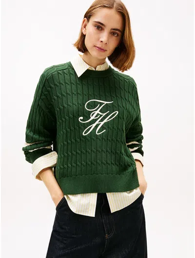 Tommy Hilfiger Embroidered Logo Cable Knit Sweater In Green