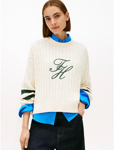 Tommy Hilfiger Embroidered Logo Cable Knit Sweater In White