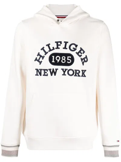 Tommy Hilfiger Embroidered-logo Cotton Hoodie In Neutrals