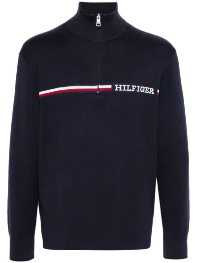 Tommy Hilfiger Embroidered-logo Knitted Jumper In Blue