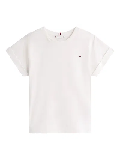 Tommy Hilfiger Embroidered-logo Turn-up-sleeve T-shirt In White