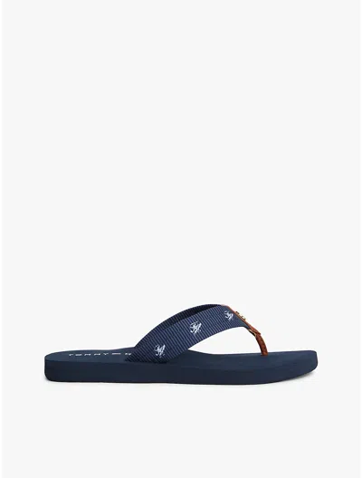 Tommy Hilfiger Embroidered Monogram Canvas Flip Flop In Blue