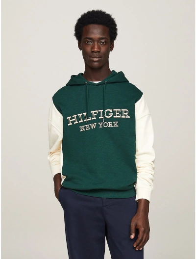 Tommy Hilfiger Embroidered Monotype Colorblock Hoodie In Hunter