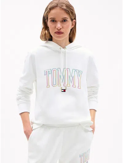 Tommy Hilfiger Embroidered Multicolor Logo Hoodie In Ecru
