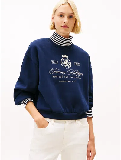 Tommy Hilfiger Embroidered Script Crest Logo Sweatshirt In Blue