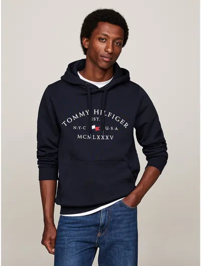 Tommy Hilfiger Embroidered Tommy Arch Logo Hoodie In Navy