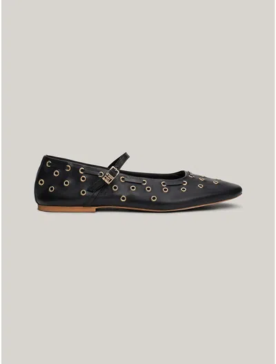Tommy Hilfiger Eyelet Leather Mary Jane Ballerina Flat In Black