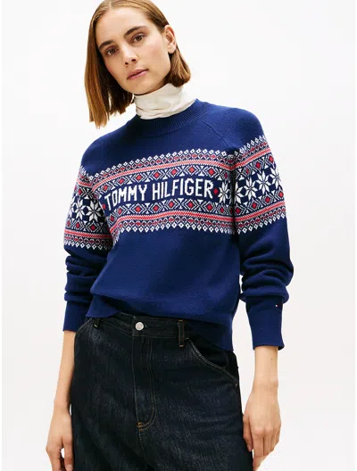Tommy Hilfiger Fair Isle Monotype Logo Crewneck Sweater In Blue