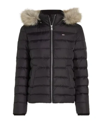 Tommy Hilfiger Faux Faur Hooded Down-filled Fitted Jacket In Black