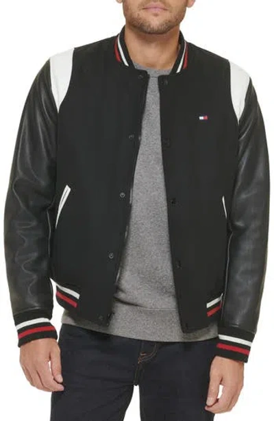 Tommy Hilfiger Faux Leather Letterman Varsity Jacket In Black