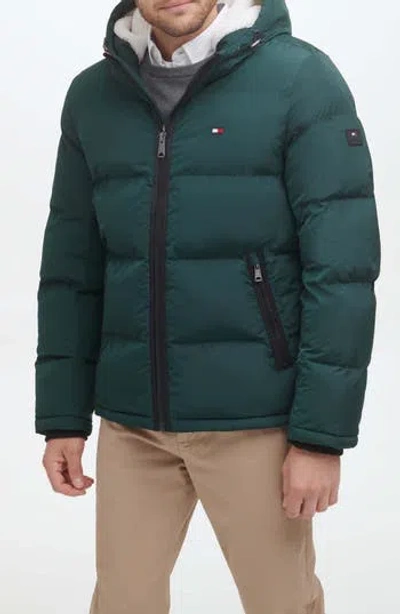 Tommy Hilfiger Faux Shearling Lined Hooded Puffer Jacket In Green