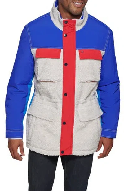 Tommy Hilfiger Faux Shearling Mixed Media Jacket In Blue