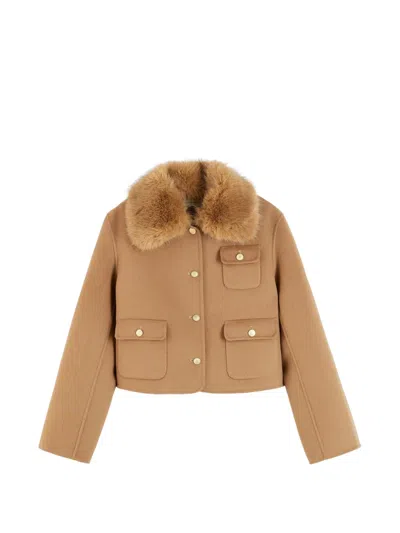 Tommy Hilfiger Faux-fur Collar Pocket-detail Jacket In Brown