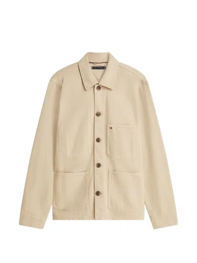 Tommy Hilfiger Flag Embroidered Denim Chore Jacket In Neutral