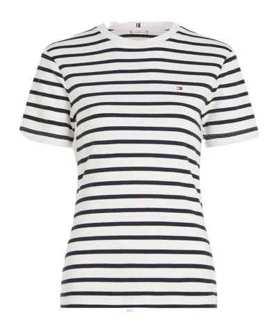 Tommy Hilfiger Flag-embroidered Striped T-shirt In White
