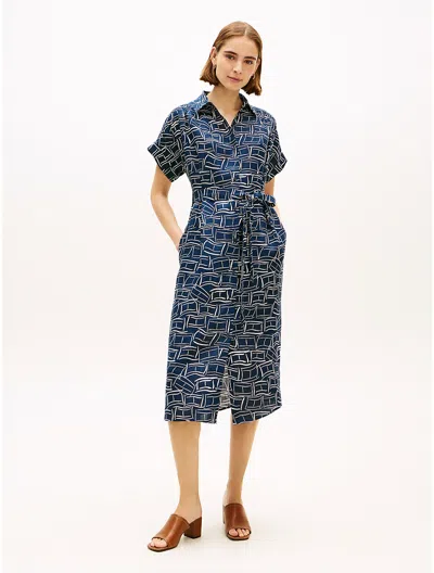 Tommy Hilfiger Flag Print Belted Linen Midi Shirtdress In Multi