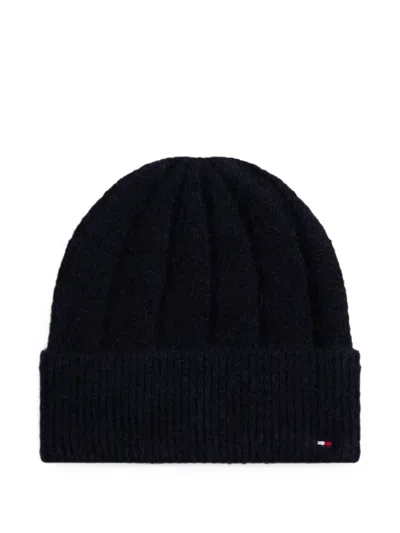 Tommy Hilfiger Flag Ribbed Beanie Hat In Black