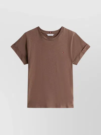 Tommy Hilfiger Flamed Cotton Crewneck T-shirt With Rolled Sleeves In Brown