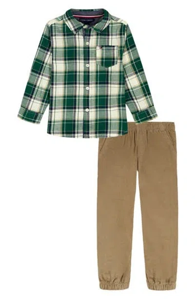 Tommy Hilfiger Kids'  Flannel Button-up Shirt & Pants Set In Green