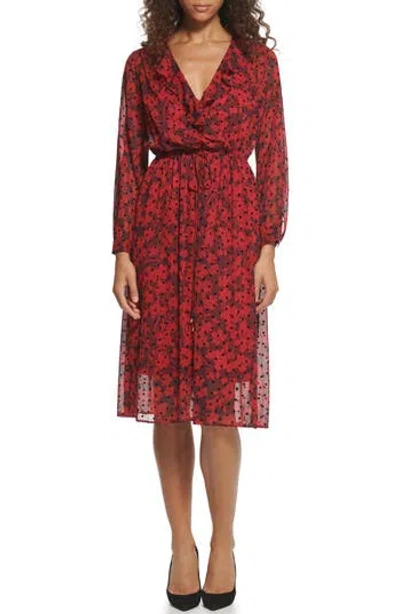Tommy Hilfiger Flocked Playful Petal Dress In Wine Tasting/chili Pepper