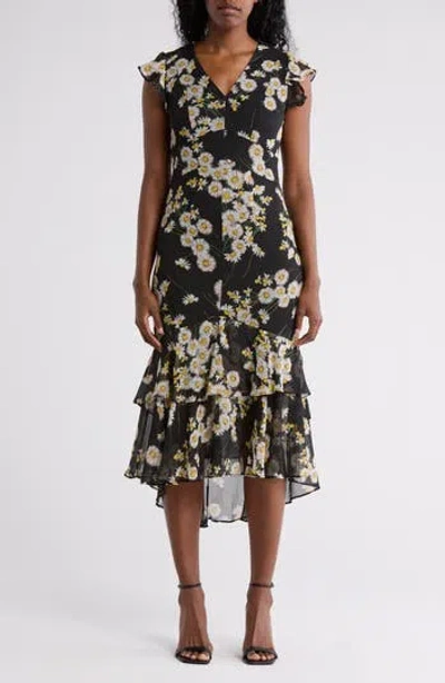 Tommy Hilfiger Floral Cap Sleeve Empire Waist Tiered Midi Dress In Black Multi