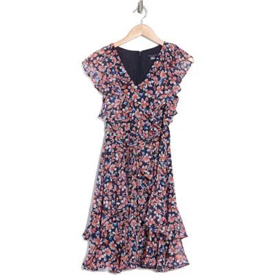 Tommy Hilfiger Women's Flutter-sleeve Faux-wrap Dress In Sky Captain Multi
