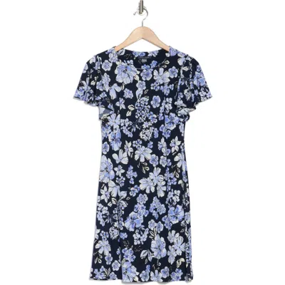 Tommy Hilfiger Floral Flutter Sleeve Jersey Shift Dress In Sky Captain Multi