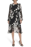 Tommy Hilfiger Floral Long Sleeve Ruffle Mixed Media Midi Dress In Black