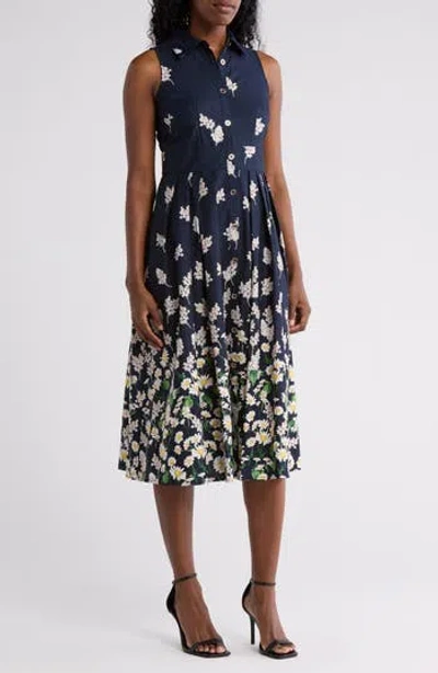 Tommy Hilfiger Floral Sleeveless Cotton Shirtdress In Sky Captain