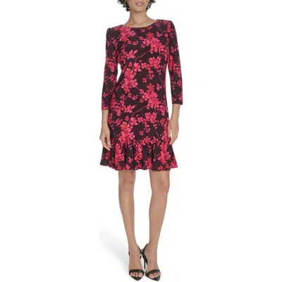 Tommy Hilfiger Floral Three-quarter Sleeve Ruffle Hem Shift Dress In Purple
