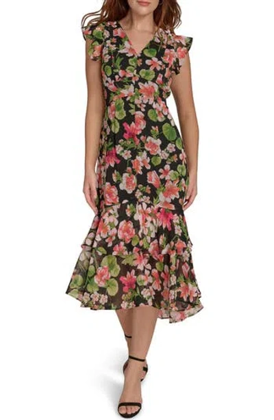 Tommy Hilfiger Flutter Sleeve Floral Chiffon Midi Dress In Black Multi