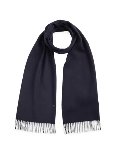 Tommy Hilfiger Fringed Logo-plaque Scarf In Blue