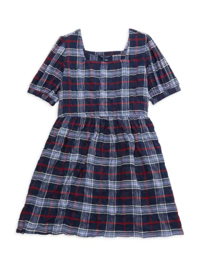 Tommy Hilfiger Kids' Girl's Seersucker Plaid Dress In Navy Plaid