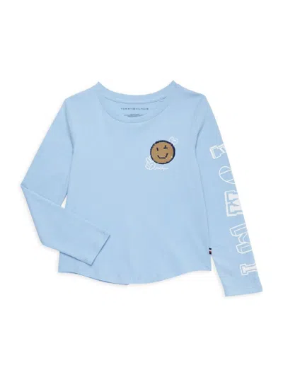 Tommy Hilfiger Kids' Girl's Sequin Smiley Face Tee In Blue Bell