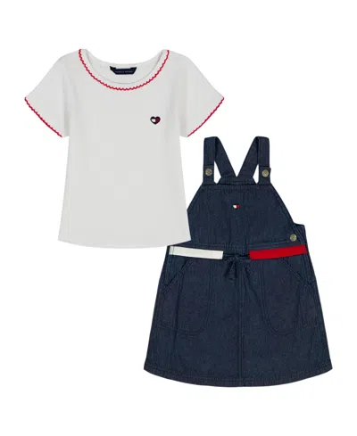 Tommy Hilfiger Kids' Girls' 2t-6x Short-sleeve Pointelle T-shirt And Denim Skirtall, 2-piece Set In Blue