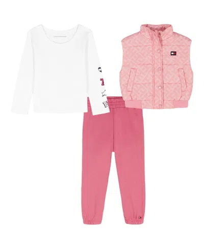 Tommy Hilfiger Kids' Girls 4-6x 3-piece Vest, T-shirt, And Joggers Set In Pink
