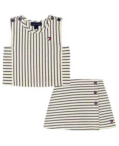 Tommy Hilfiger Kids' Girls' 4-6x Popcorn Pique Striped Top & Wrap Skort, 2-piece Set In Neutral