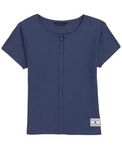 Tommy Hilfiger Kids' Girls' 7-16 Pointelle Rib 55 Short-sleeve T-shirt In Blue